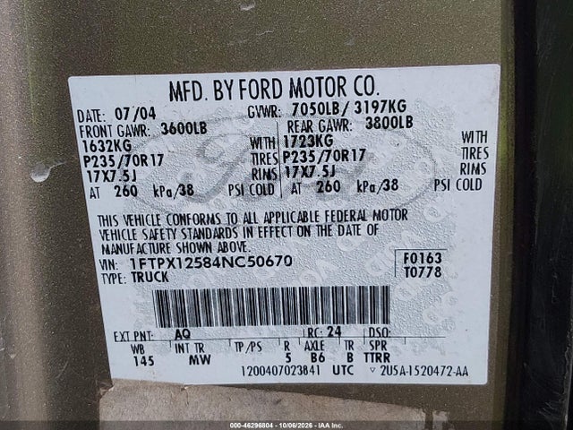 Продаж на аукціоні авто 2004 Ford F-150 Lariat/xl/xlt, vin: 1FTPX12584NC50670, номер лоту: 46296804