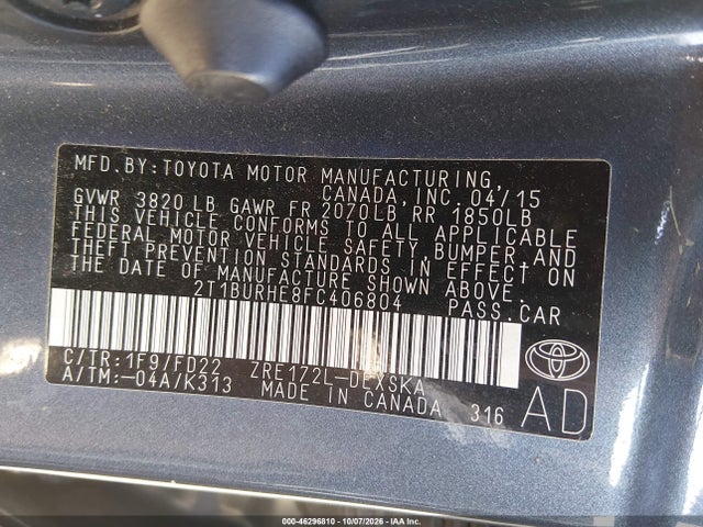 Aukcja sprzedaży 2015 Toyota Corolla S, vin: 2T1BURHE8FC406804, numer aukcji: 46296810
