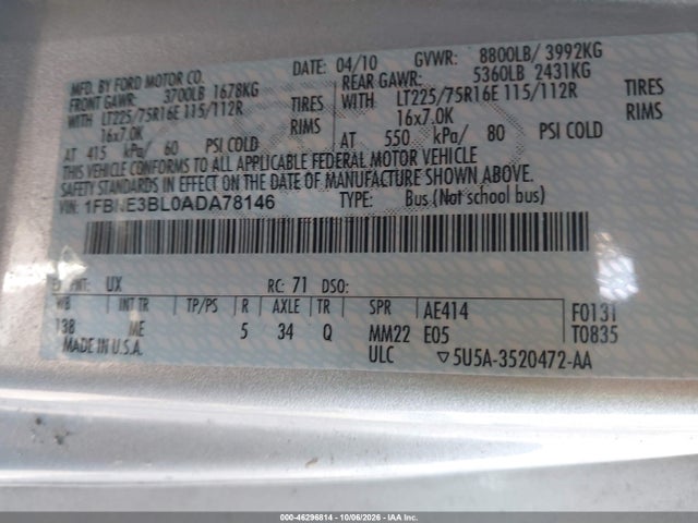 Продажа на аукционе авто 2010 Ford E-350 Super Duty Xl/xlt, vin: 1FBNE3BL0ADA78146, номер лота: 46296814