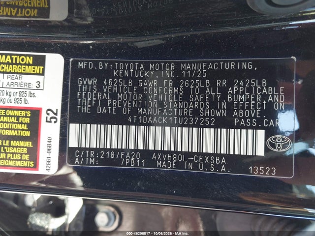 2026 Toyota Camry Se მანქანა იყიდება აუქციონზე, vin: 4T1DAACK1TU237252, აუქციონის ნომერი: 46296817