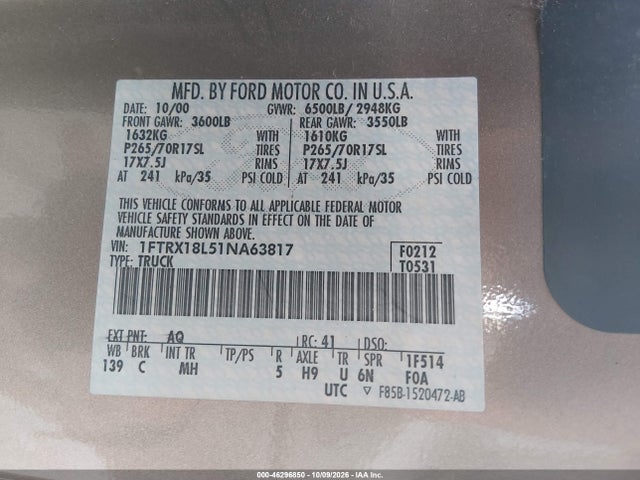 Aukcja sprzedaży 2001 Ford F-150 Lariat/xl/xlt, vin: 1FTRX18L51NA63817, numer aukcji: 46296850