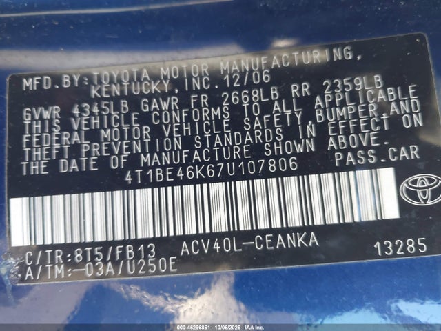Продажа на аукционе авто 2007 Toyota Camry Le, vin: 4T1BE46K67U107806, номер лота: 46296861