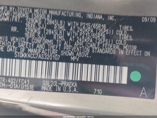 Продаж на аукціоні авто 2010 Toyota Sienna Le, vin: 5TDKK4CC7AS320107, номер лоту: 46296868