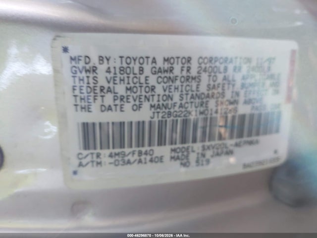 46296870 :رقم المزاد ، JT2BG22K1W0141286 vin ، 1998 Toyota Camry Le مزاد بيع