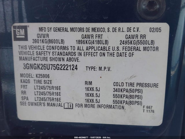 46296877 :رقم المزاد ، 3GNGK26U75G222124 vin ، 2005 Chevrolet Suburban 2500 Ls مزاد بيع