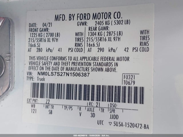 Aukcja sprzedaży 2022 Ford Transit Connect Xl, vin: NM0LS7S27N1506387, numer aukcji: 46296916