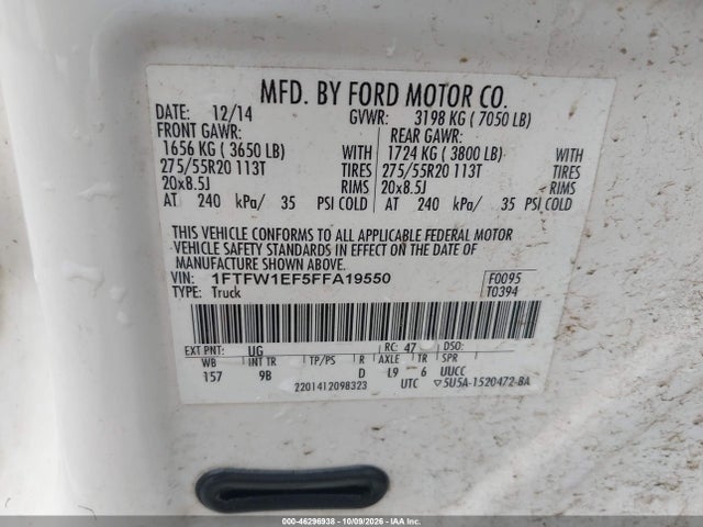 2015 Ford F-150 Platinum მანქანა იყიდება აუქციონზე, vin: 1FTFW1EF5FFA19550, აუქციონის ნომერი: 46296938