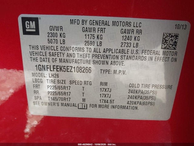 Aukcja sprzedaży 2014 Chevrolet Equinox 1lt, vin: 1GNFLFEK5EZ108266, numer aukcji: 46296942