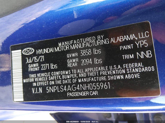 Aukcja sprzedaży 2022 Hyundai Elantra Sel, vin: 5NPLS4AG4NH055961, numer aukcji: 46296959