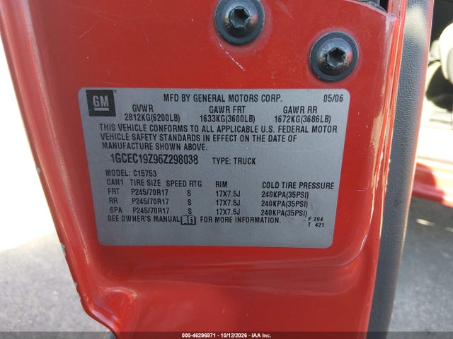 2006 Chevrolet Silverado 1500 Lt1 მანქანა იყიდება აუქციონზე, vin: 1GCEC19Z96Z298038, აუქციონის ნომერი: 46296971