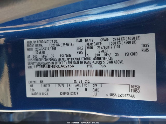 2019 Ford Ranger Xl მანქანა იყიდება აუქციონზე, vin: 1FTER4EH5KLA62156, აუქციონის ნომერი: 46296985