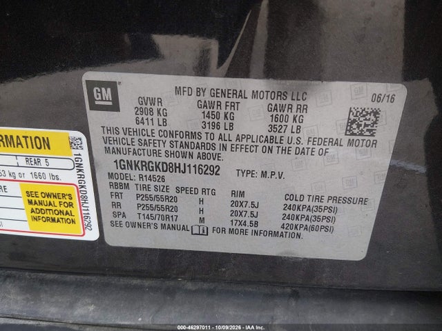 Aukcja sprzedaży 2017 Chevrolet Traverse 1lt, vin: 1GNKRGKD8HJ116292, numer aukcji: 46297011