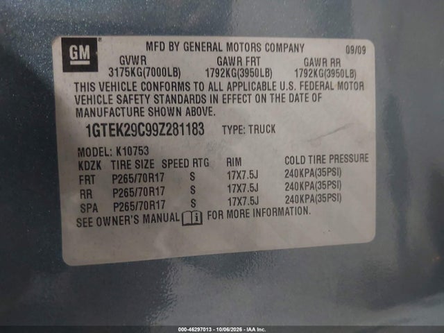 Aukcja sprzedaży 2009 Gmc Sierra 1500 Sle, vin: 1GTEK29C99Z281183, numer aukcji: 46297013