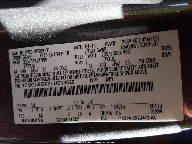 Продаж на аукціоні авто 2014 Ford Escape Se, vin: 1FMCU9GX2EUD13622, номер лоту: 46297045
