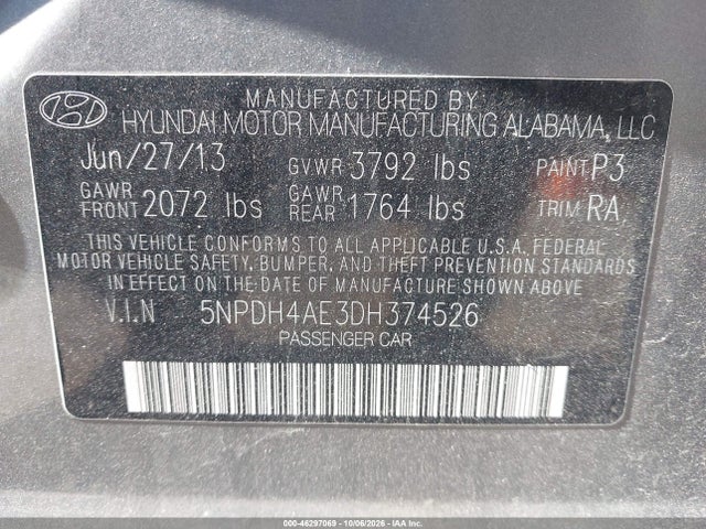 Aukcja sprzedaży 2013 Hyundai Elantra Gls, vin: 5NPDH4AE3DH374526, numer aukcji: 46297069