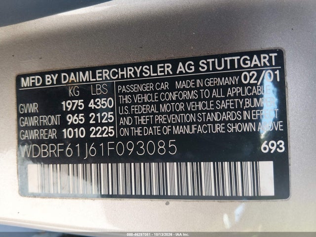 2001 Mercedes-benz C 240 მანქანა იყიდება აუქციონზე, vin: WDBRF61J61F093085, აუქციონის ნომერი: 46297081