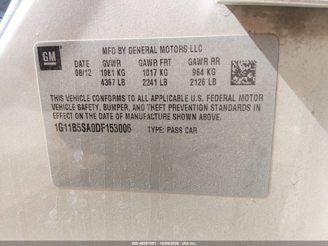 46297091 :رقم المزاد ، 1G11B5SA0DF153006 vin ، 2013 Chevrolet Malibu 1ls مزاد بيع