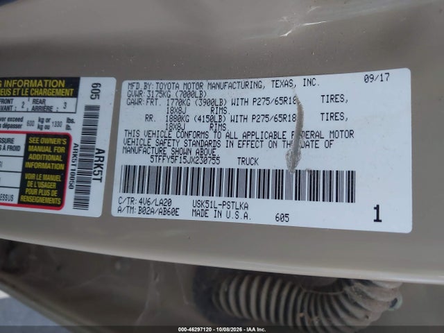 Aukcja sprzedaży 2018 Toyota Tundra Limited 5.7l V8, vin: 5TFFY5F15JX230755, numer aukcji: 46297120