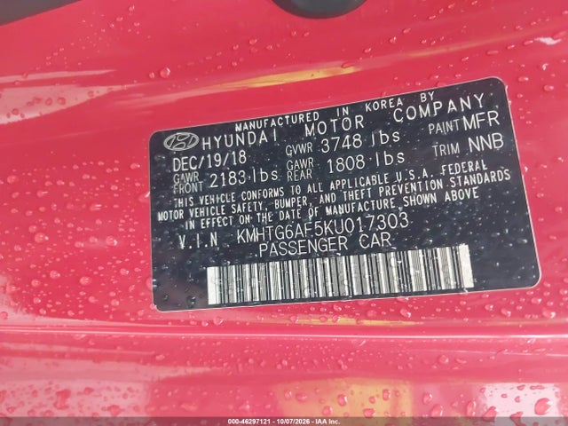 Aukcja sprzedaży 2019 Hyundai Veloster 2.0, vin: KMHTG6AF5KU017303, numer aukcji: 46297121