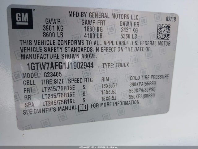 46297155 :رقم المزاد ، 1GTW7AFG1J1902944 vin ، 2018 Gmc Savana G2500 مزاد بيع