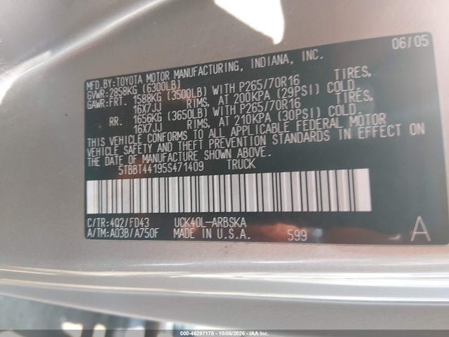 2005 Toyota Tundra Sr5 V8 მანქანა იყიდება აუქციონზე, vin: 5TBBT44195S471409, აუქციონის ნომერი: 46297178