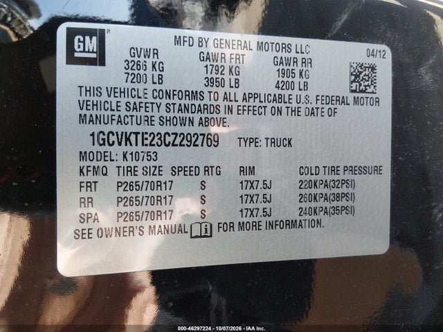 46297224 :رقم المزاد ، 1GCVKTE23CZ292769 vin ، 2012 Chevrolet Silverado 1500 Ltz مزاد بيع