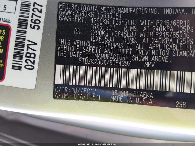 2007 Toyota Sienna Le მანქანა იყიდება აუქციონზე, vin: 5TDZK23CX7S054397, აუქციონის ნომერი: 46297225