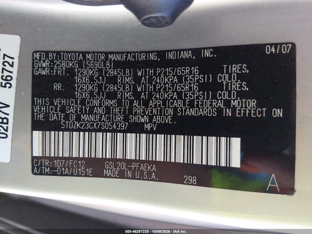 2007 Toyota Sienna Le მანქანა იყიდება აუქციონზე, vin: 5TDZK23CX7S054397, აუქციონის ნომერი: 46297225