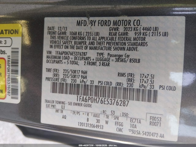 Aukcja sprzedaży 2014 Ford Fusion Se, vin: 1FA6P0H76E5376287, numer aukcji: 46297230