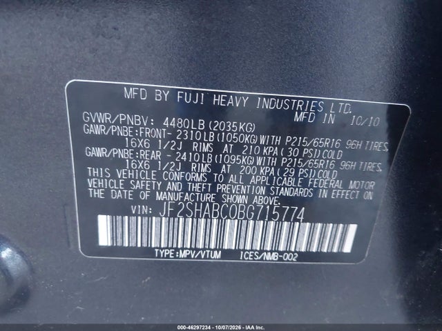 46297234 :رقم المزاد ، JF2SHABC0BG715774 vin ، 2011 Subaru Forester 2.5x مزاد بيع