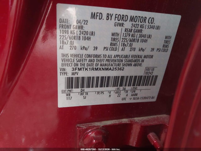 Продажа на аукционе авто 2022 Ford Mustang Mach-e Select, vin: 3FMTK1RMXNMA25362, номер лота: 46297260
