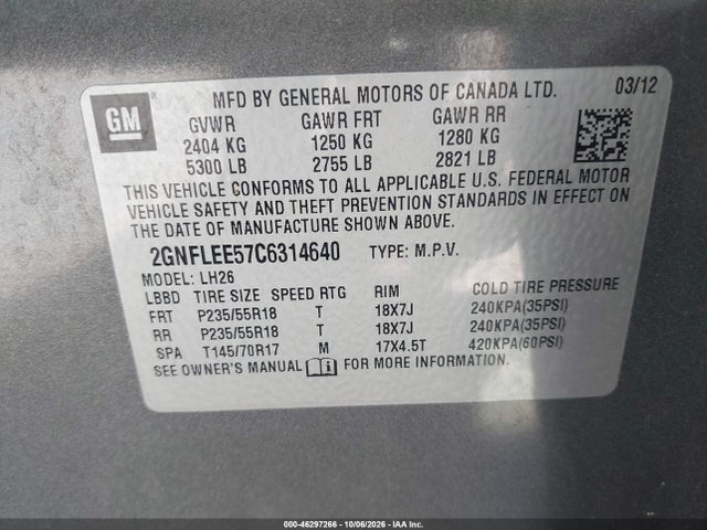 Aukcja sprzedaży 2012 Chevrolet Equinox 1lt, vin: 2GNFLEE57C6314640, numer aukcji: 46297266