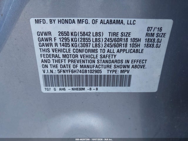 2016 Honda Pilot Ex-l მანქანა იყიდება აუქციონზე, vin: 5FNYF6H74GB102905, აუქციონის ნომერი: 46297299