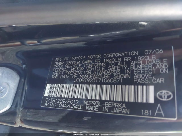 2007 Toyota Yaris მანქანა იყიდება აუქციონზე, vin: JTDBT923171060871, აუქციონის ნომერი: 46297334