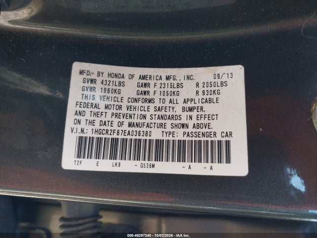 Продажа на аукционе авто 2014 Honda Accord Ex-l, vin: 1HGCR2F87EA036380, номер лота: 46297340