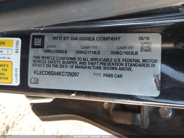 46297355 :رقم المزاد ، KL8CD6SA4KC729297 vin ، 2019 Chevrolet Spark 1lt Cvt مزاد بيع