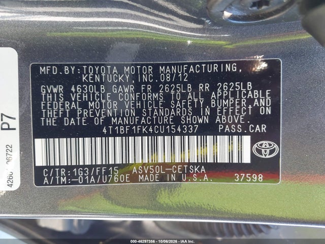 2012 Toyota Camry Se მანქანა იყიდება აუქციონზე, vin: 4T1BF1FK4CU154337, აუქციონის ნომერი: 46297356
