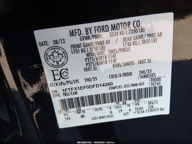 Продаж на аукціоні авто 2013 Ford F-150 Xlt, vin: 1FTFX1EF0DFD14260, номер лоту: 46297362