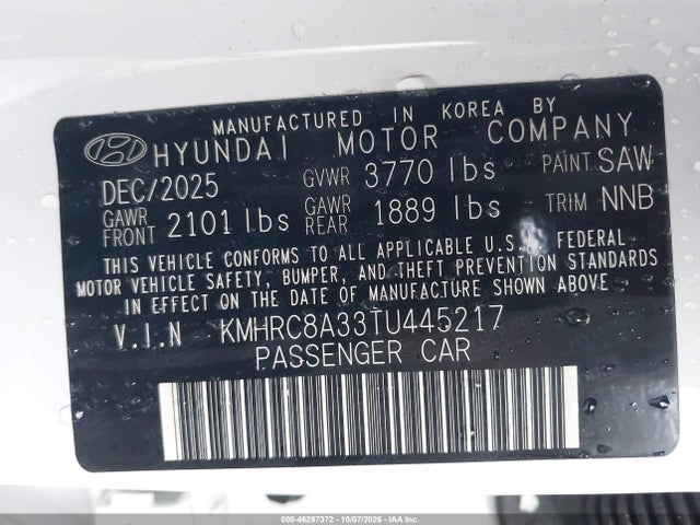 Продаж на аукціоні авто 2026 Hyundai Venue Sel, vin: KMHRC8A33TU445217, номер лоту: 46297372