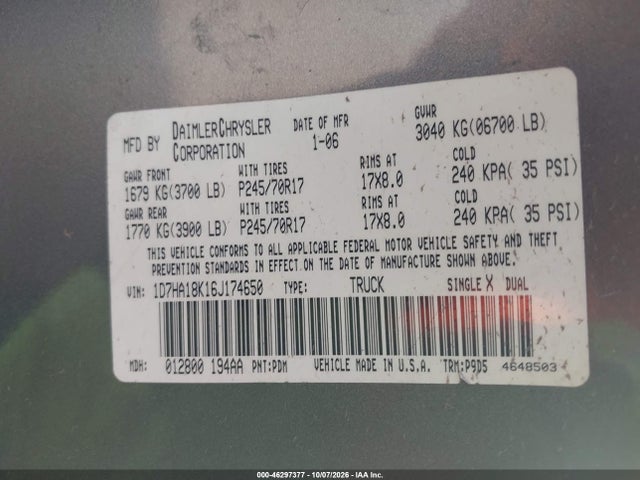 Aukcja sprzedaży 2006 Dodge Ram 1500 St, vin: 1D7HA18K16J174650, numer aukcji: 46297377