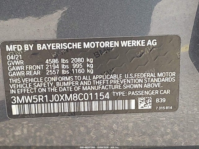 Aukcja sprzedaży 2021 Bmw 330i, vin: 3MW5R1J0XM8C01154, numer aukcji: 46297386