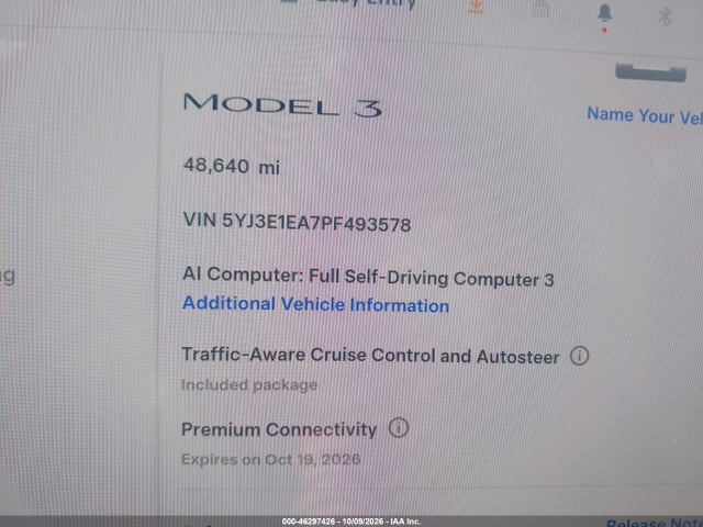 46297426 :رقم المزاد ، 5YJ3E1EA7PF493578 vin ، 2023 Tesla Model 3 Rear-wheel Drive مزاد بيع