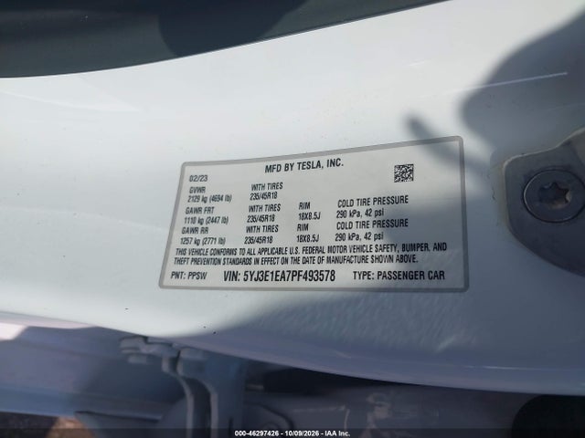 46297426 :رقم المزاد ، 5YJ3E1EA7PF493578 vin ، 2023 Tesla Model 3 Rear-wheel Drive مزاد بيع