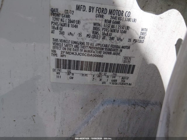 Продажа на аукционе авто 2012 Ford Edge Sel, vin: 2FMDK3JC0CBA90660, номер лота: 46297428