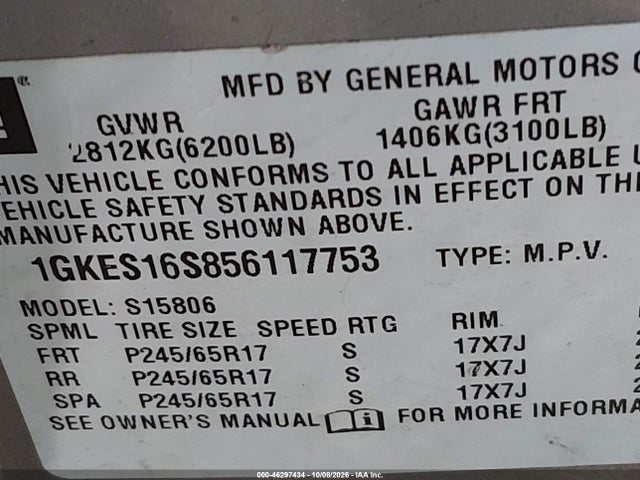 46297434 :رقم المزاد ، 1GKES16S856117753 vin ، 2005 Gmc Envoy Xl Slt مزاد بيع