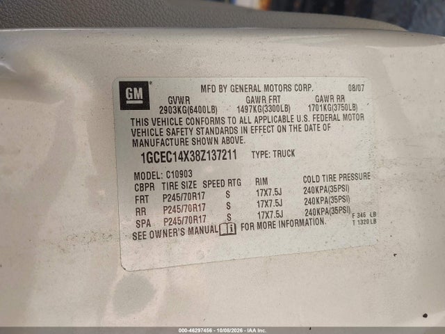 2008 Chevrolet Silverado 1500 Work Truck მანქანა იყიდება აუქციონზე, vin: 1GCEC14X38Z137211, აუქციონის ნომერი: 46297456