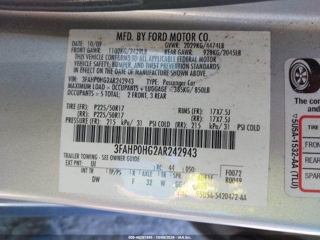 Продажа на аукционе авто 2010 Ford Fusion Se, vin: 3FAHP0HG2AR242943, номер лота: 46297498