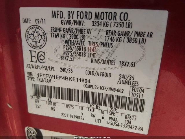 2011 Ford F-150 Xlt მანქანა იყიდება აუქციონზე, vin: 1FTFW1EF4BKE11694, აუქციონის ნომერი: 46297511