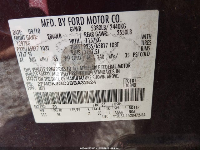 46297513 :رقم المزاد ، 2FMDK3GC3BBA32824 vin ، 2011 Ford Edge Se مزاد بيع