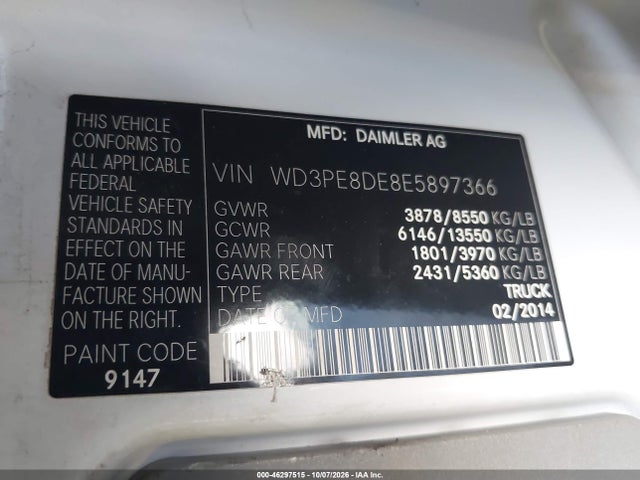 Продажа на аукционе авто 2014 Mercedes-benz Sprinter 2500 High Roof, vin: WD3PE8DE8E5897366, номер лота: 46297515